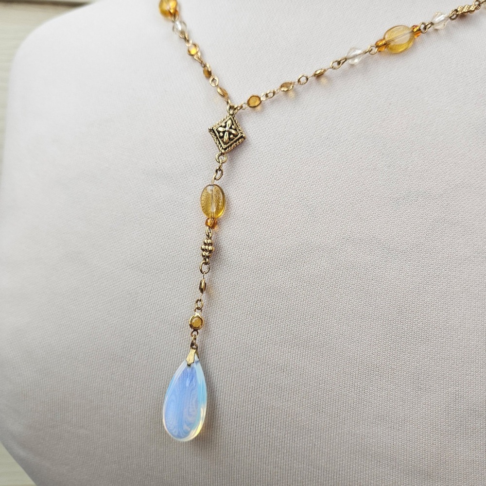 Gold Tone Bead Lariat Necklace with Opalite Stone Teardrop Pendant